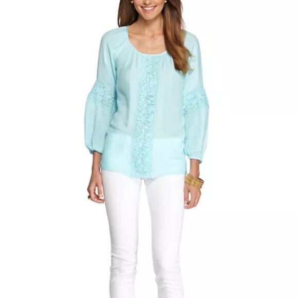 NEW Lilly Pulitzer Briony Top Spa Blue Tunic Gauze Blouse Crochet LACE Mint XS - Picture 3 of 9